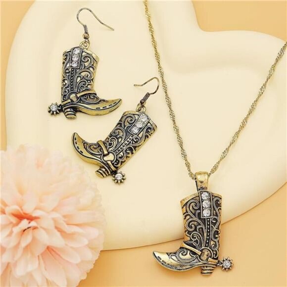 Gold-Tone Cowboy Boot Jewelry Set – Western Necklace and Earring Set - Picture 5 of 6